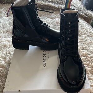 Kurt Geiger Black Patent Lace-Up Combat Boots with Rainbow Pull Tab